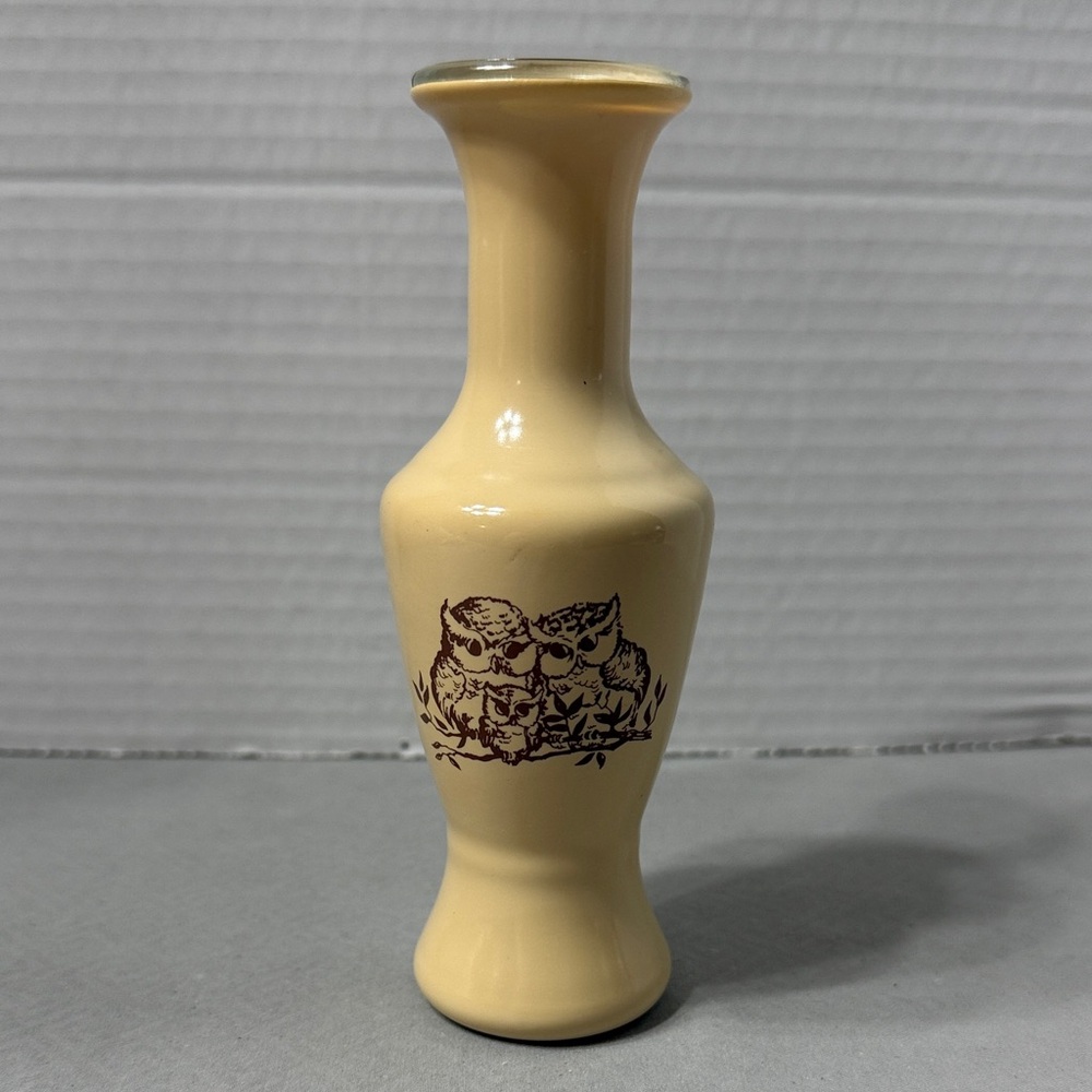 Vintage Tan Wheaton Mid Century Coated Glass Owl Design Both Sides Bud Vase